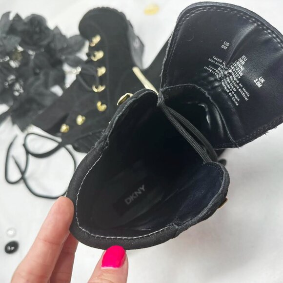 DKNY Black Leather Boots with Gold Accents, Womens Chunky High Heel Ankle Boots - Picture 4 of 12